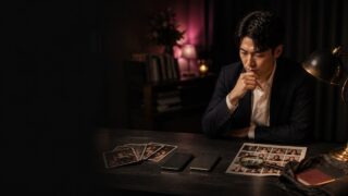 夜の机で二台の無記名スマートフォンと二種類の写真束を見比べる30代男性