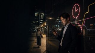 夜の恵比寿で無銘スマートフォンの新着募集を確認する30代男性と待ち合わせへ向かう24歳女性