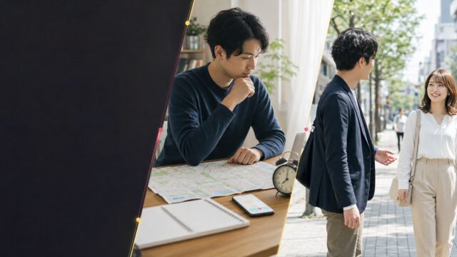 地図と時間と1声の目標を準備し、広い昼道で安全に声をかける男性
