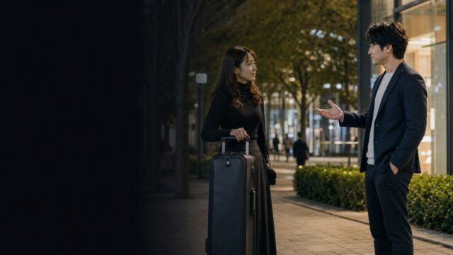 大きなケースを引く女性へ距離を空けて第一声をかける男性