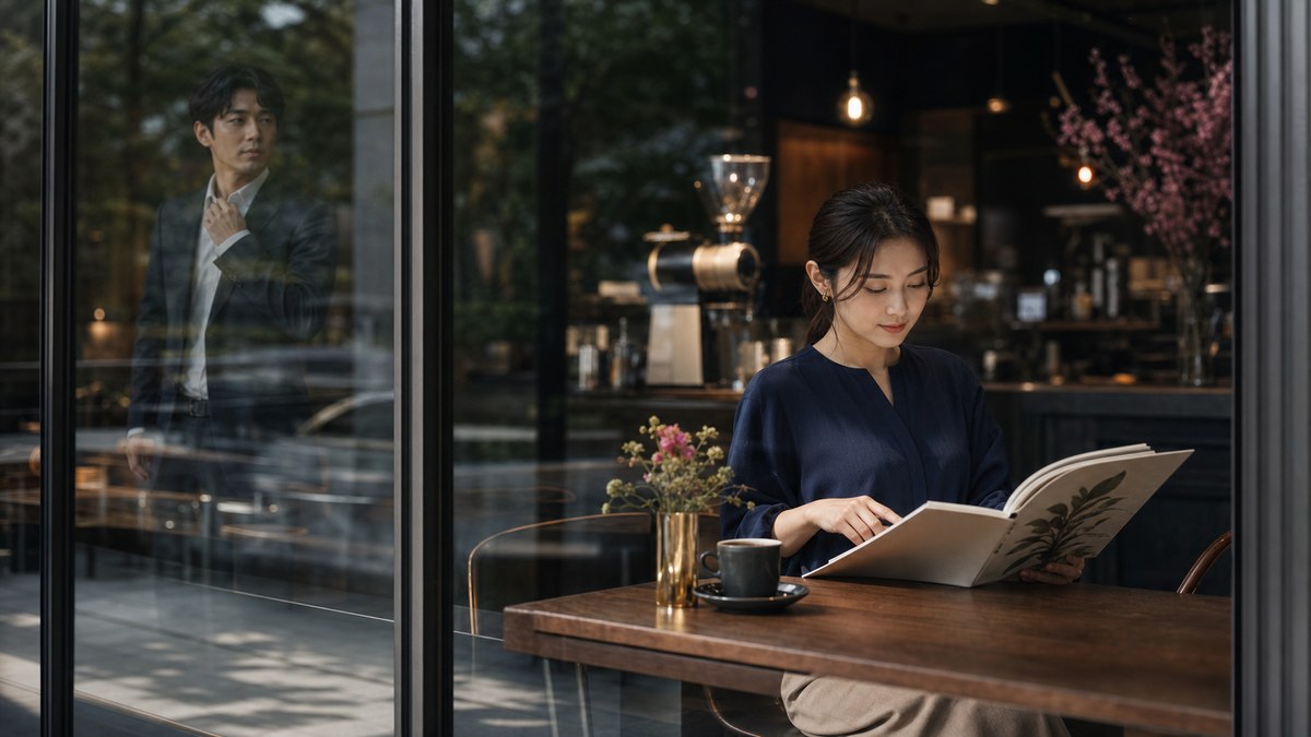 カフェのガラス越しに先に図録を読む成人女性を見つけた場面
