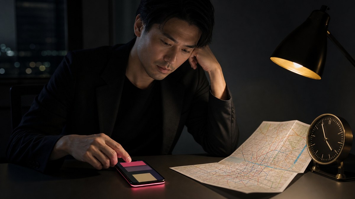 夜の机で無銘スマートフォンの新着時刻と行ける範囲を見比べる30代男性