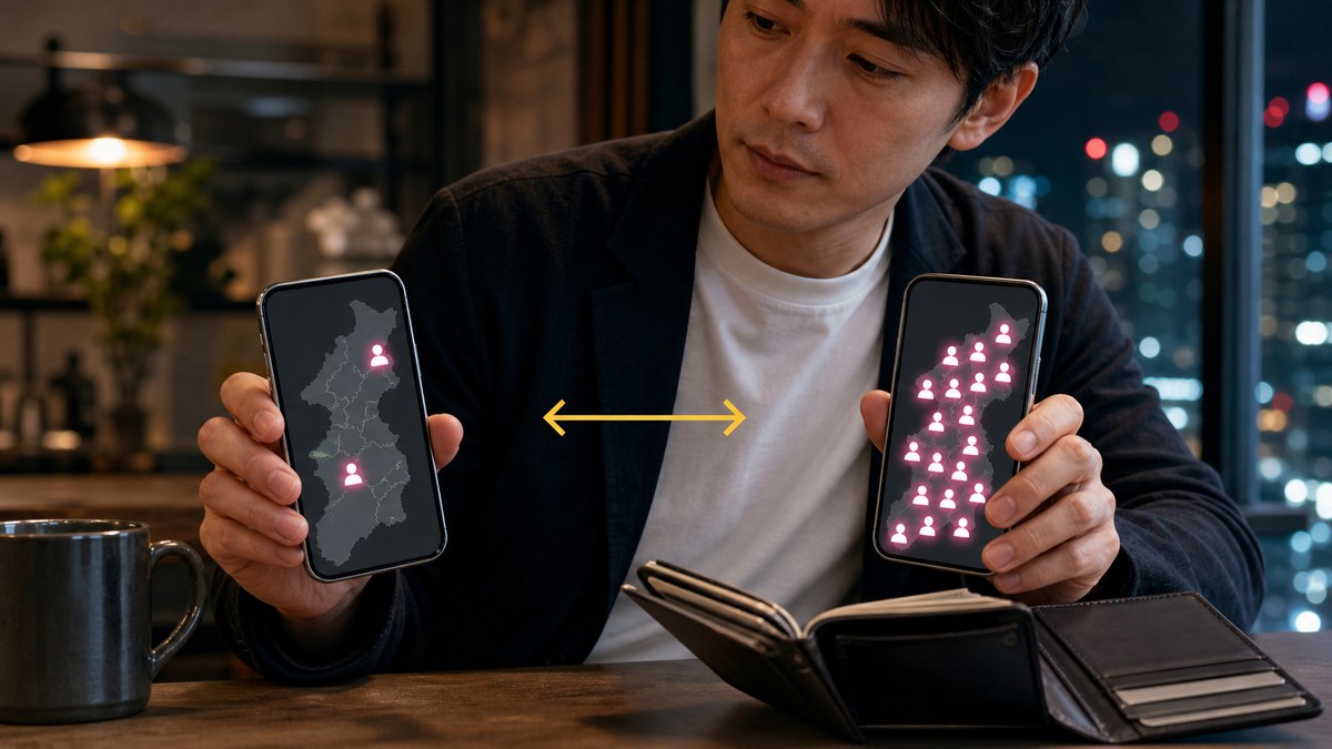 同じ県の検索人数を無料で比べ、候補が多いアプリを選ぶ手元