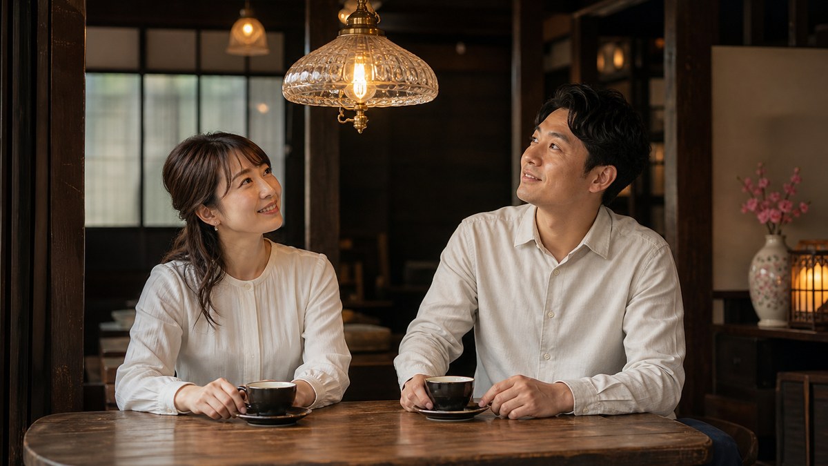 古い照明を話題に自然に会話を始める成人男女