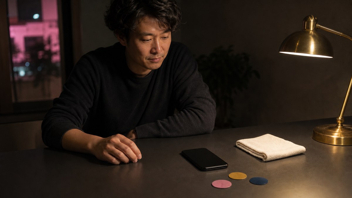 暗い無銘スマートフォンを伏せて返信を待つ30代男性と抽象的なライブ記念品