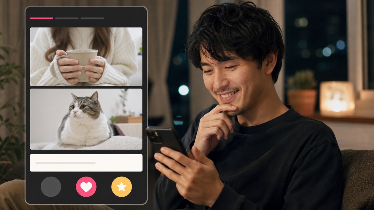 マグカップと猫だけの控えめなプロフィールを読む男性