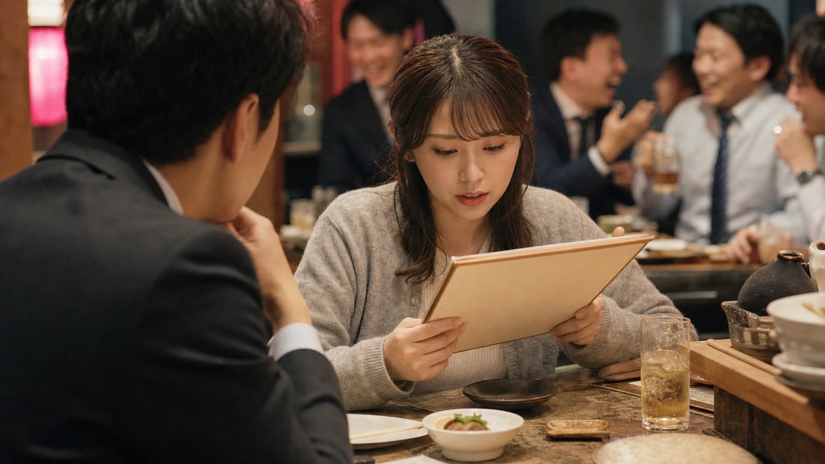 平日20時の居酒屋で緊張し、小声で短く答えるユズハ