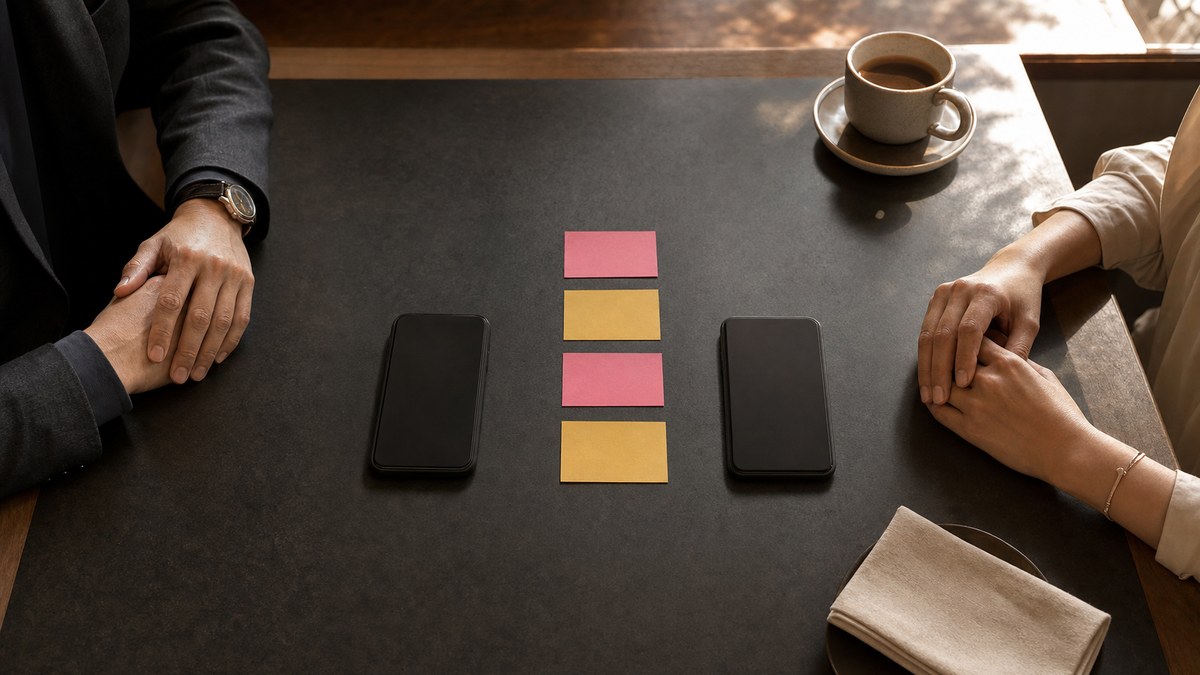 二台のスマートフォンと四つの色札から昼のカフェへつながる段取り