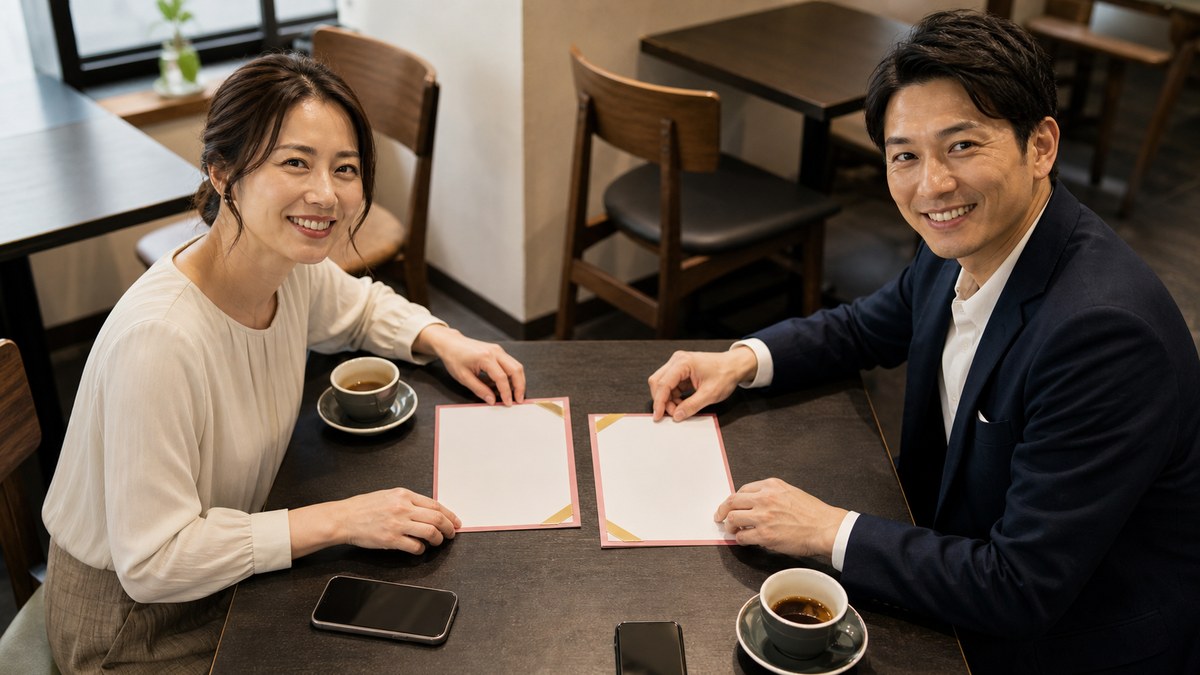空席のカフェで二枚の無地日程カードを合わせる成人男女