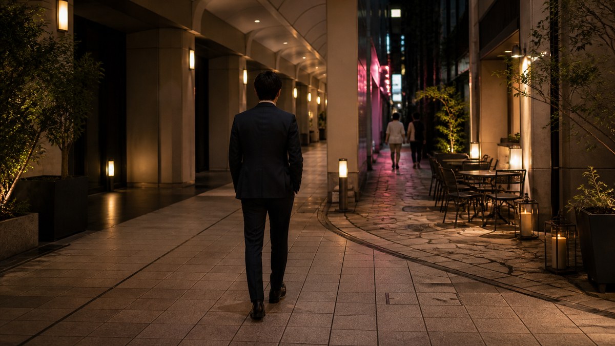 夕方のアーケードから石畳風の通りを経て夜の路地へ歩く30代男性