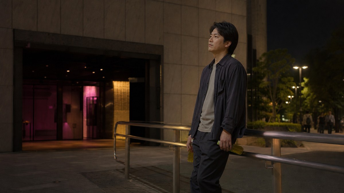 終演後の暗い建物前で二本のお茶を持ち静かに待つ30代男性