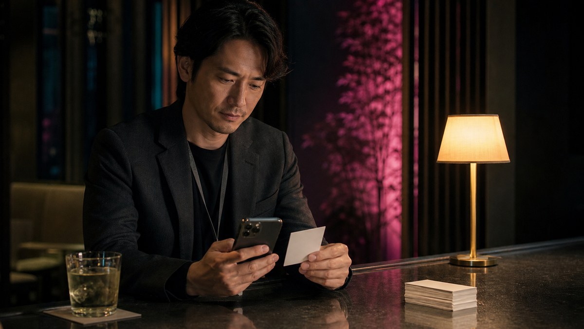 一枚の短い無地カードを見ながら無銘スマートフォンへ一通だけ返す30代男性