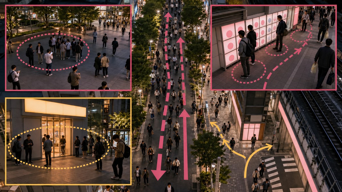 中央通り・UDX周辺・ガチャ店前・大型店外の人流と立ち止まりを示す早見図