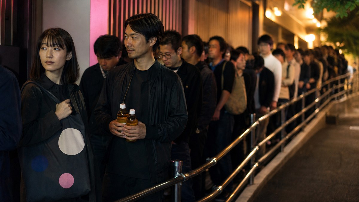 夜の長い物販列で抽象缶バッジのトートを抱く24歳女性と隣で待つ30代男性