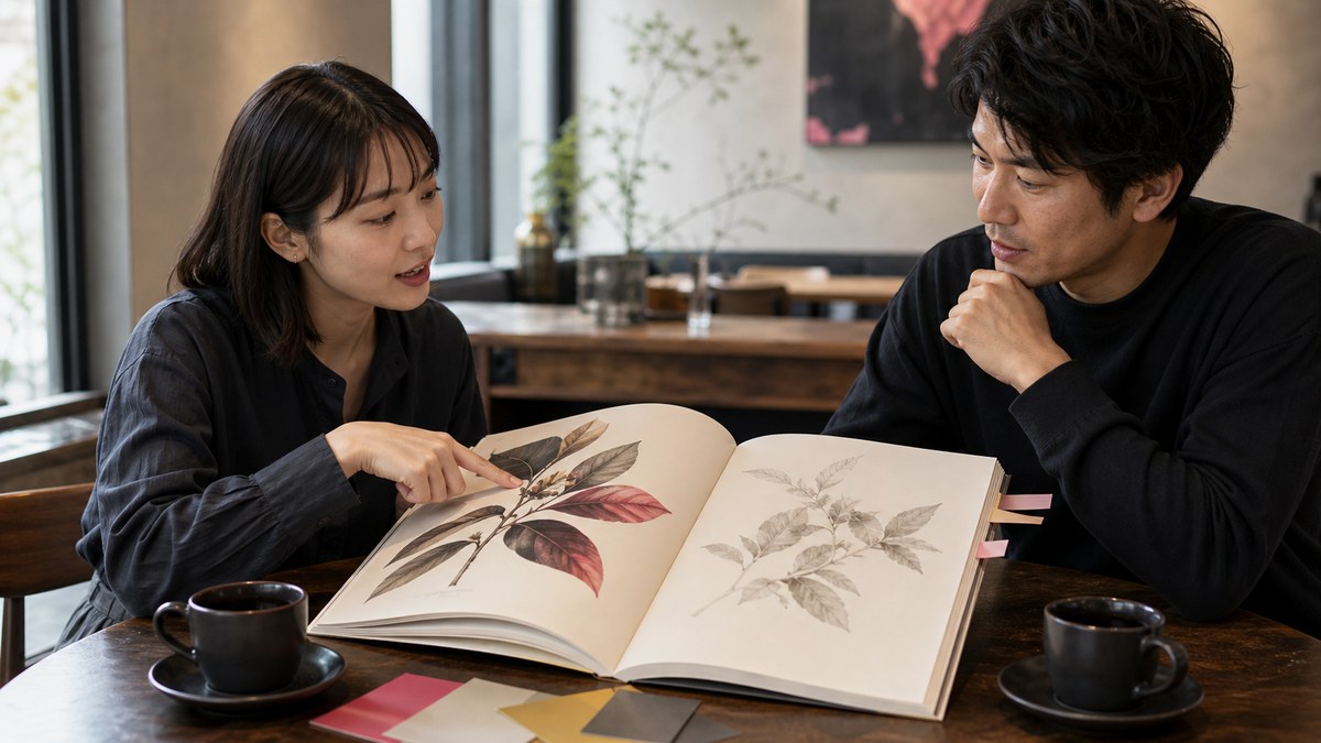 植物画の図録を指しながら紙とインクを熱く語る成人女性
