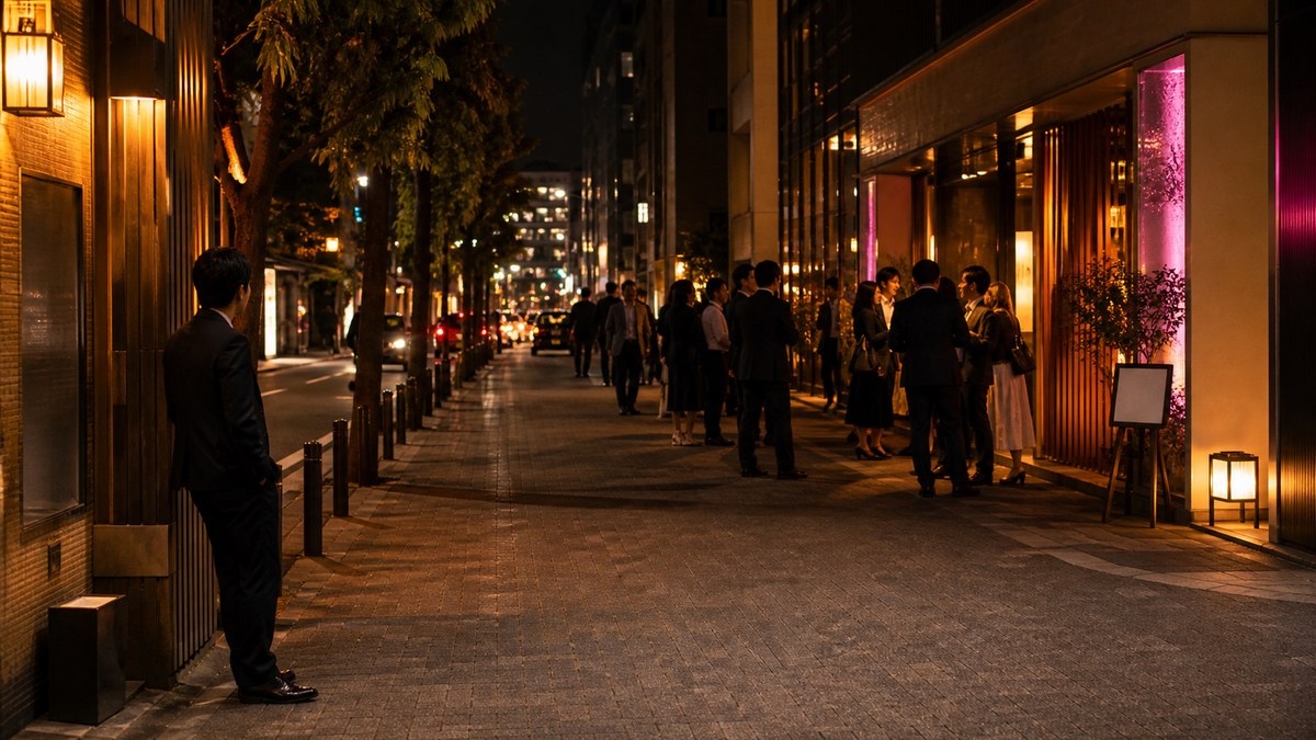 静かな手前の通りと店から出る成人グループで夜の人波の入れ替わりを示す場面