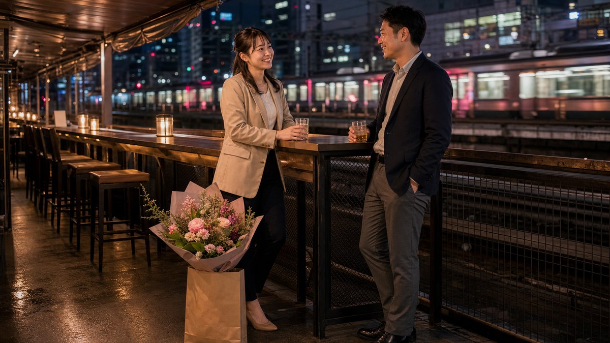 足元に花束を置いて飲んでる人がいたの要点を表す画像