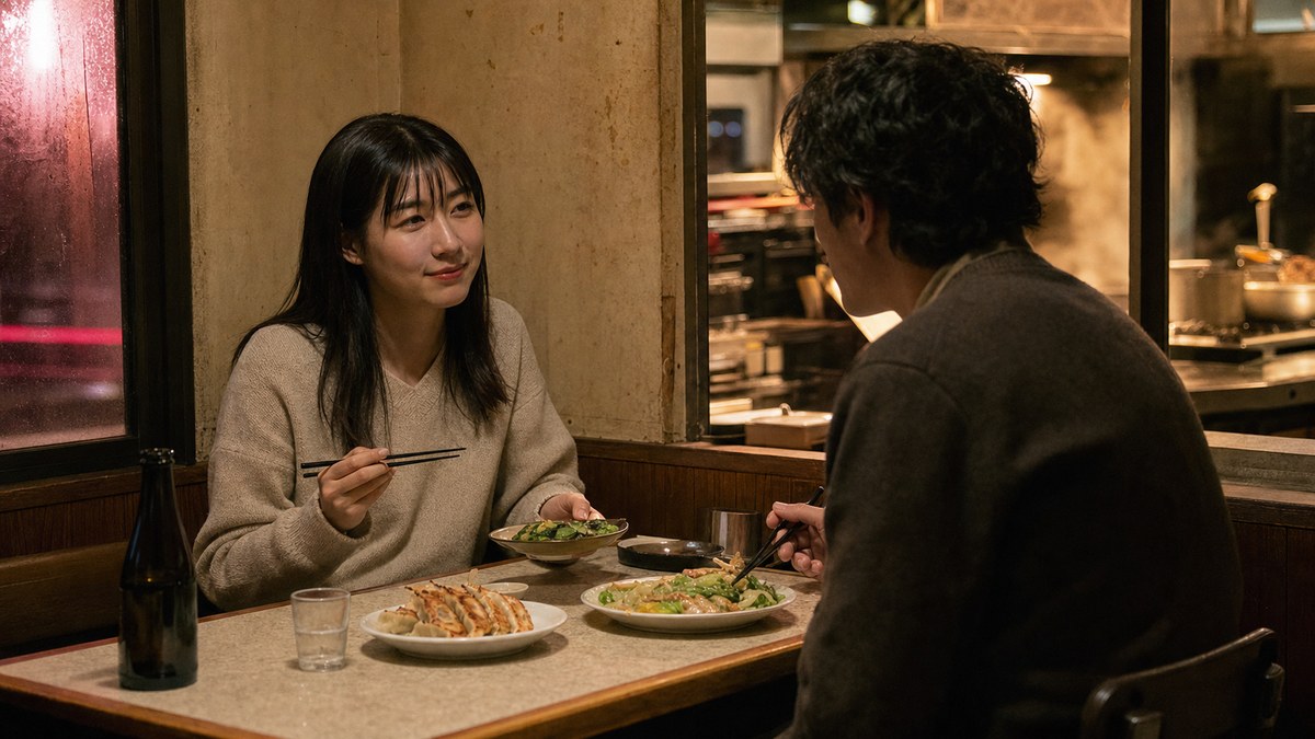 夜の町中華で餃子を挟み穏やかに話す24歳女性と30代男性