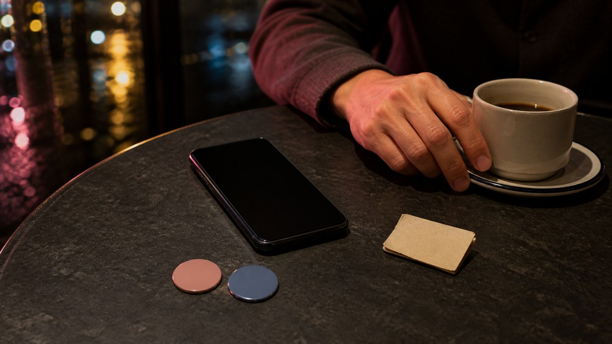 夜の机に置かれた暗い無銘スマートフォンと同じ色の抽象缶バッジ二つと折れた無地券