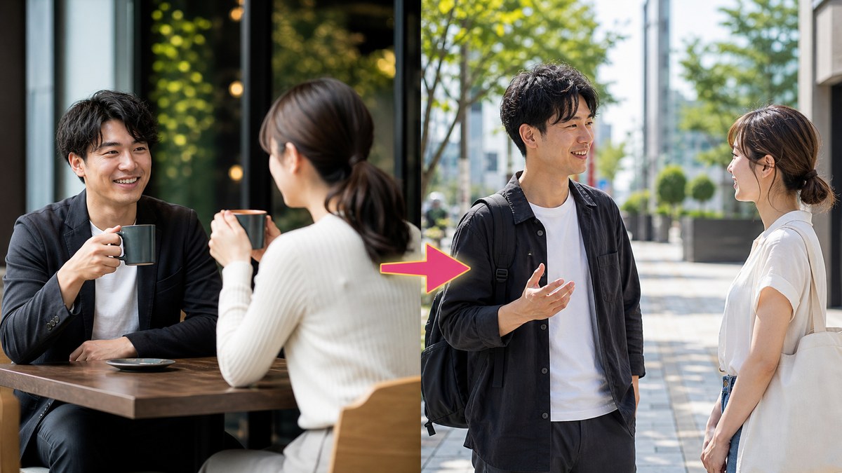 アプリの初対面で会話に慣れ、路上の短い立ち話へ進む練習