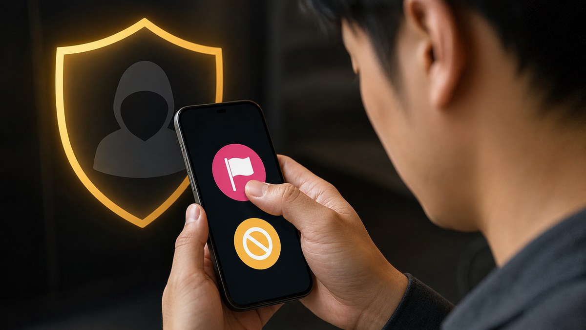 怪しいアカウントを通報し、ブロックで接触を止めるスマホ操作