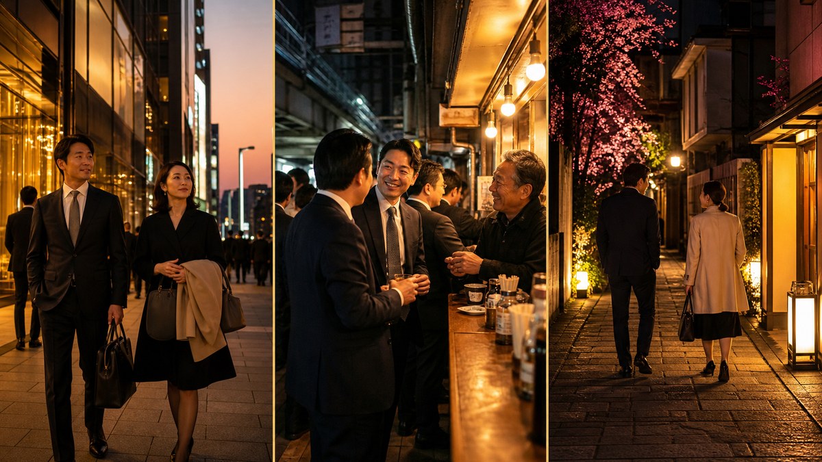 銀座の品格、新橋の立ち飲み、神楽坂の静かな路地を三分割で比べた夜景