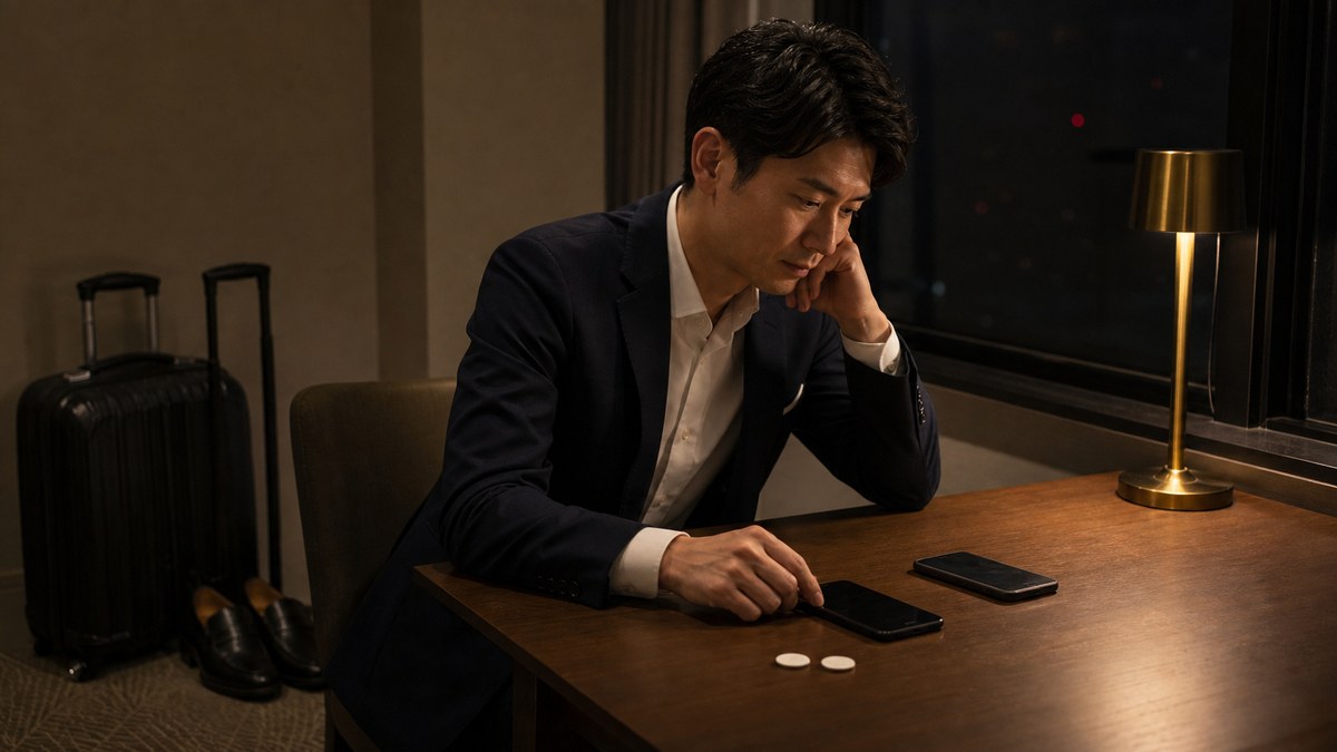 夜の旅先の机で二つの無記名スマートフォンを見直す30代男性