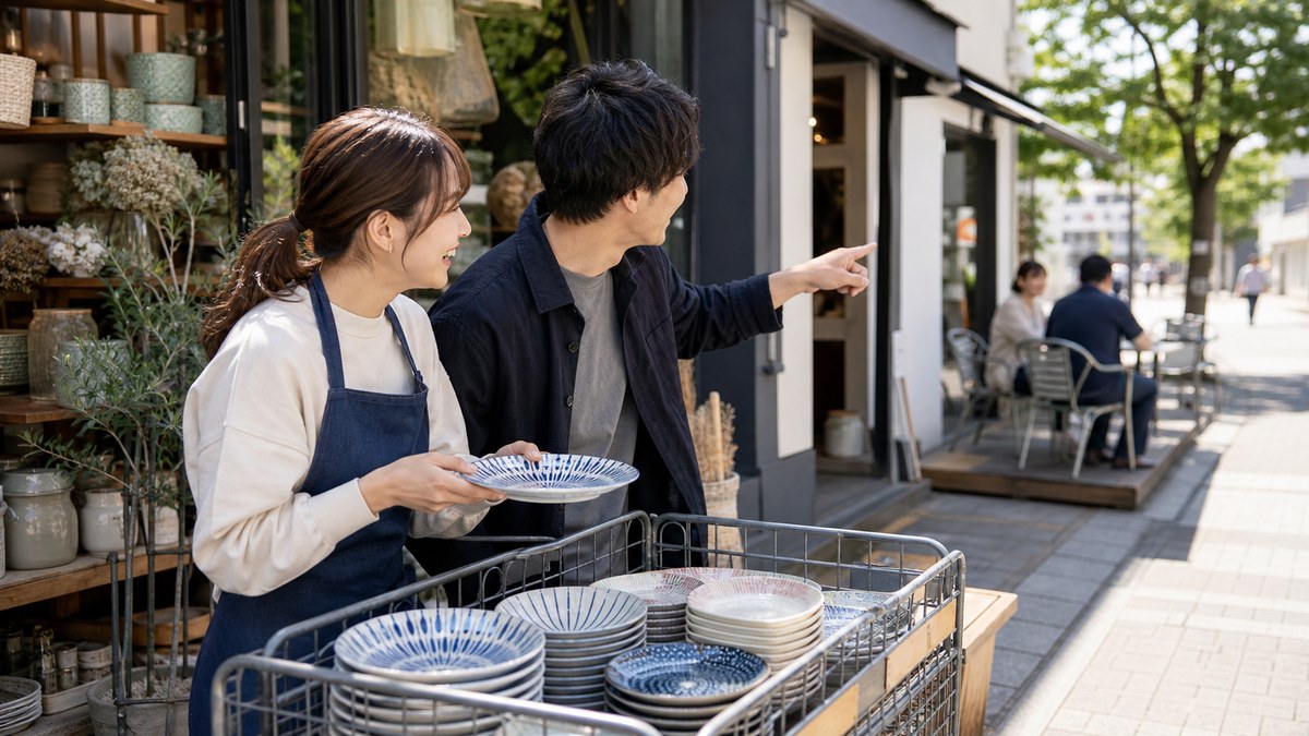 雑貨屋のワゴン前で皿の話から笑い、30分のカフェへ向かうハルカ