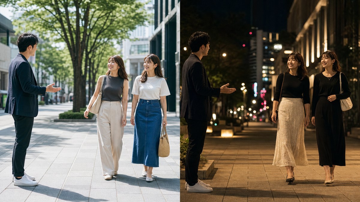 昼の2人組へ両方を見ながら短く理由を伝える男性