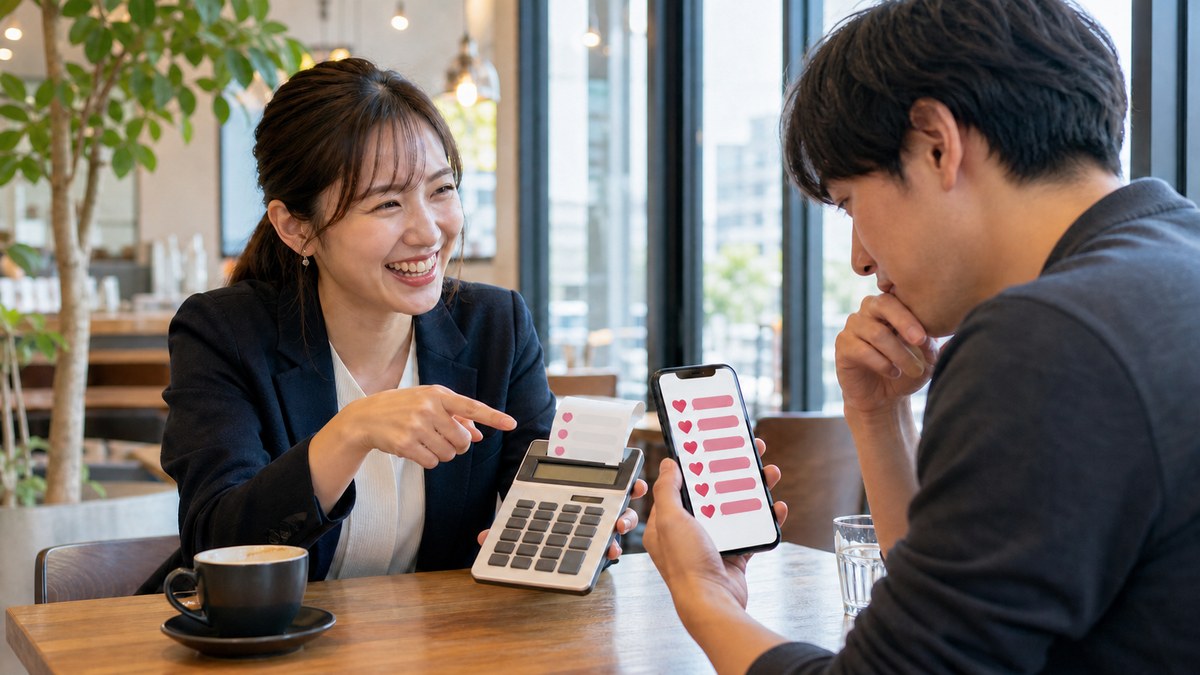 カフェで送信件数を指摘し、男性の課金額を笑う経理のナツキ