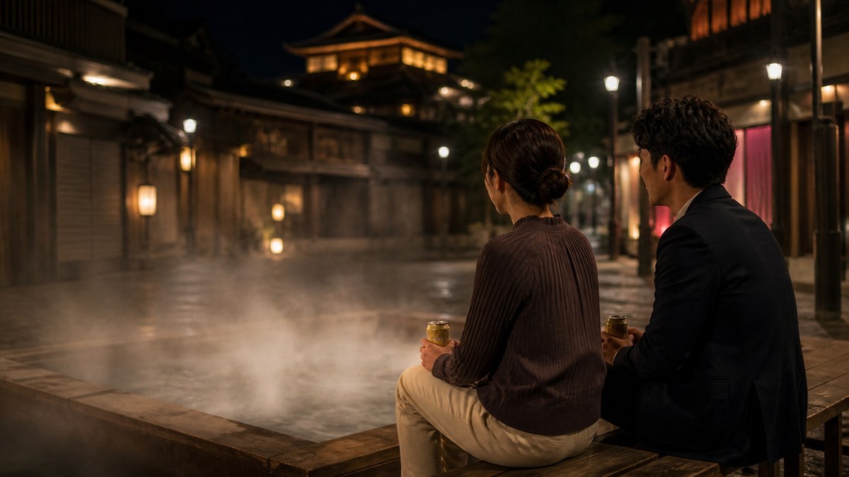 深夜の静かな温泉街で湯気のそばのベンチに並ぶ成人男女と二本の缶茶
