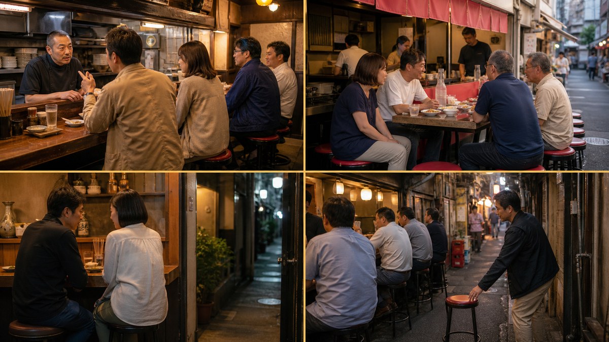 北千住・赤羽・門前仲町・大井町の小さな店で座ることから会話が始まる四場面