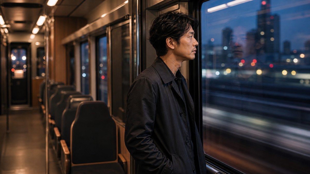 空席のある電車でドア横から夜景を見ながら考える成人男性