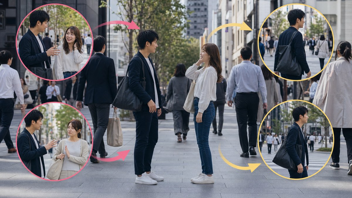 第一声で安全を伝え、止まらなければ離れる流れを繰り返す男性
