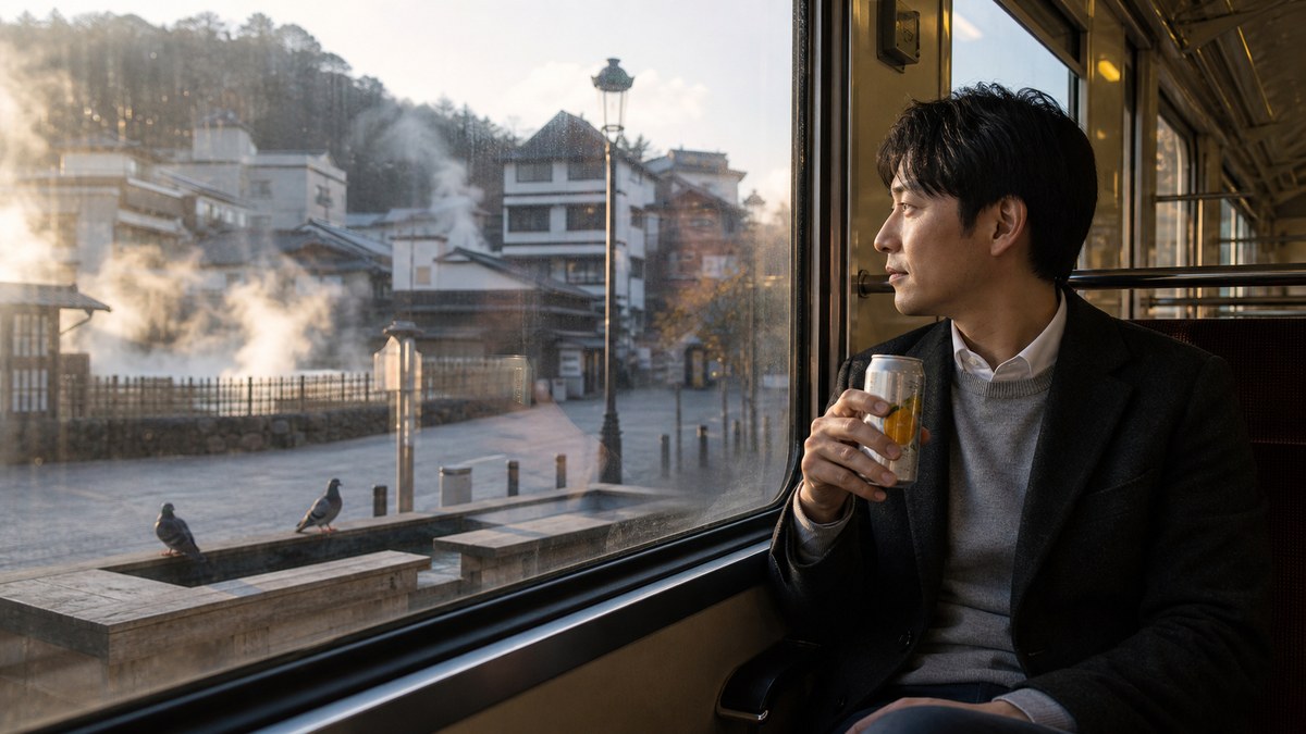 朝の路面電車の窓から湯気の上がる温泉街を見る30代男性とみかんジュース