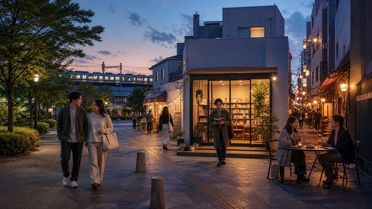 都心から離れた駅前で公園帰りや買い物帰りの大人がゆっくり滞在する夕景