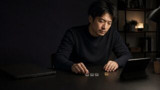 暗い机で三つの透明トークンと無地の端末、金色トークンを見比べる30代男性
