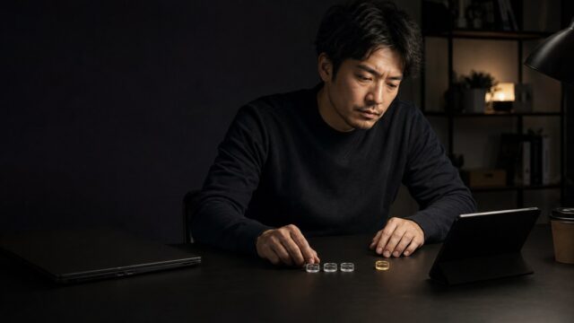 暗い机で三つの透明トークンと無地の端末、金色トークンを見比べる30代男性