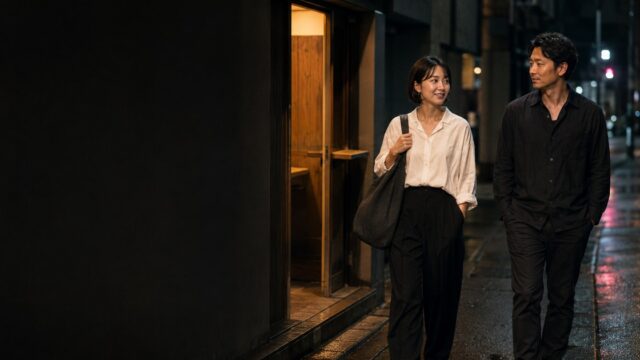 夜の路地を距離を保って並んで歩く白い服の28歳女性と30代男性