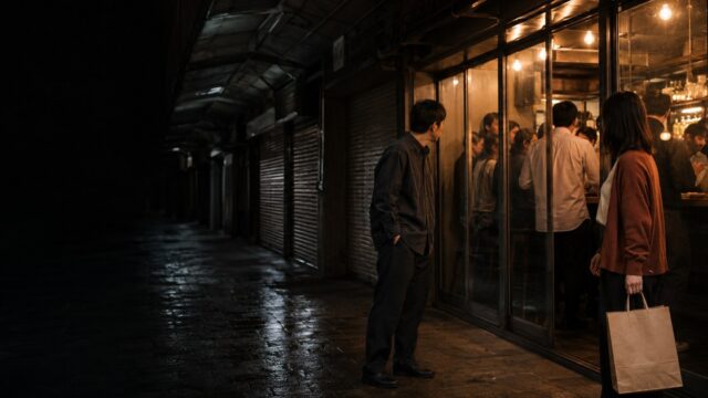 夜のアーケード脇の満席店を別々にのぞく30代男性と紙袋を持つ24歳女性