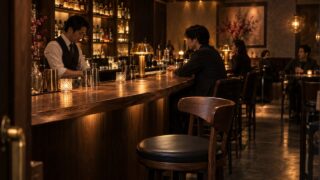 夜のバーカウンターと空いた椅子のAI生成イメージ