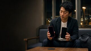 地方出張の夜に二つの無地スマートフォンを比較する30代男性