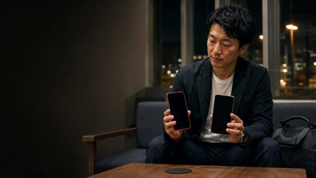 地方出張の夜に二つの無地スマートフォンを比較する30代男性