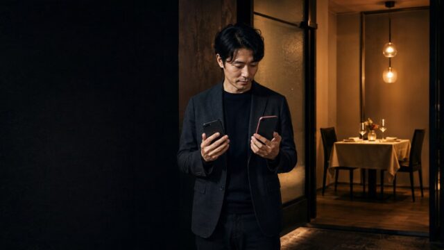 装いが変わった無地スマートフォンと予約済みの食卓を見比べる30代男性