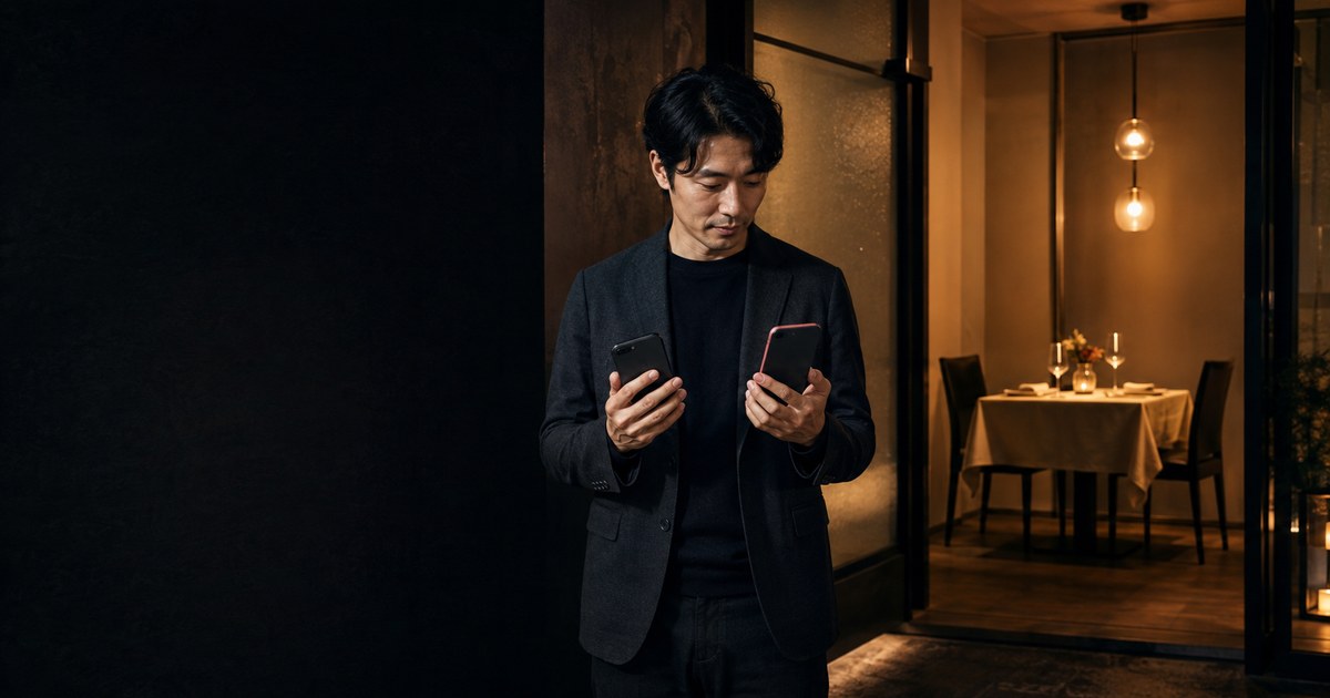 装いが変わった無地スマートフォンと予約済みの食卓を見比べる30代男性