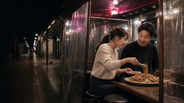 夜の屋台で焼うどんを取り分ける25歳女性と30代男性
