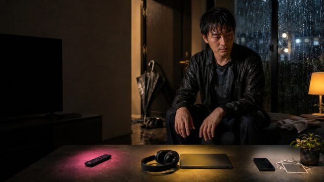 雨の窓辺で三つの過ごし方を選ぶ30代男性
