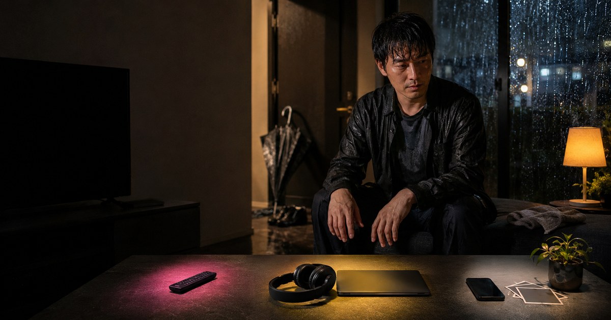 雨の窓辺で三つの過ごし方を選ぶ30代男性