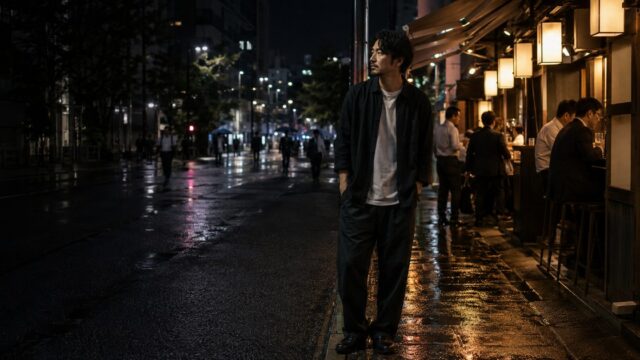 雨上がりの駅前で細い横丁と広い通りを見比べる30代男性