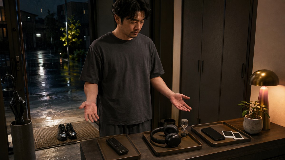 濡れた玄関の先で三つの無地アイテムを見比べる30代男性